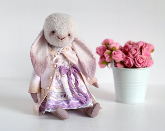 Custom teddy OOAK bunny doll, Artist plush bunny nursery room decor, Stuffed Rabbit Animal toy, White rabbit toy figurine as Christmas gift