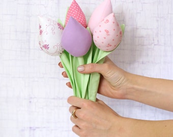 Fabric flowers tilda tulips as wedding bouquet, cotton tulips spring flowers decor as birthday gift for mom, textile tilda tulips room decor