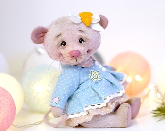 Doll animal teddy mouse figurine as Christmas stocking gift, stuffed artist rag mouse toy, plush pet rat toy as jointed teddy bear toy decor