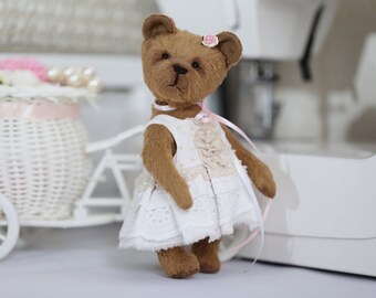 Memory stuffed handmade teddy bear as Birthday gift, custom small plush bear animal toy decor,  brown teddy bear decor on Christmas stocking
