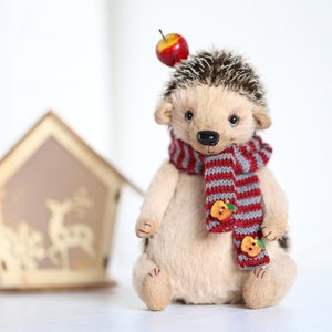 Stuffed OOAK Hedgehog plush teddy toy as nursery room decor, teddy hedgehog figurines as nursery decor, hedgehog doll as Christmas gift toy.