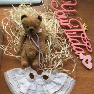 May include: A brown teddy bear wearing a white lace dress and a pink flower on its head. The bear is sitting on a bed of shredded paper. The words "Happy Birthday" are written on a pink wooden sign.