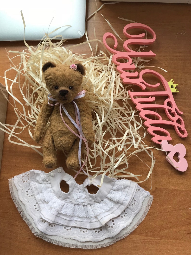 May include: A brown teddy bear wearing a white lace dress and a pink flower on its head. The bear is sitting on a bed of shredded paper. The words "Happy Birthday" are written on a pink wooden sign.