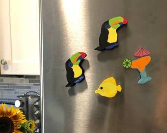 Set of 4 Tropical Fridge Magnets Set, Beach Magnets, Cute Magnet Set, Animal Magnets, Bird Watcher Gift,  Bird Lovers Gifts, Margarita Gift