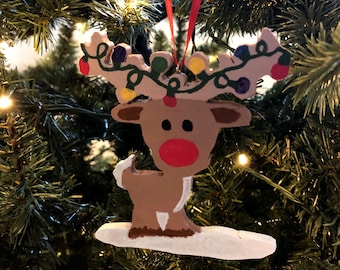 Adornos navideños clásicos, Adorno de Navidad Rudolph, Adorno de reno, Adornos de reno, Adornos de madera pintados a mano