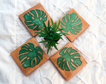 Set of 4 Wood Resin Coasters, Plant Coasters, Monstera Coasters, Wood Monstera Coasters,  Plant Lover Coaster, Plant Mom Coaster