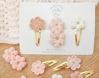 Blumen-Haarspangen, Häkel-Haarspangen, Gestrickte Haarspangen, Mädchen-Haarspangen, Kleinkind-Haarspangen, Baby-Haarspangen, Baby-Druckknöpfe, Haarspangen