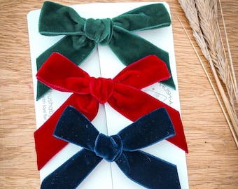 Christmas Velvet Hair Bows, Red Velvet Bows, Velvet Bows, Navy Bow, Baby Bows, Toddler Hair Bows, Girls Hair Bows, Bottle Green Hair Bows