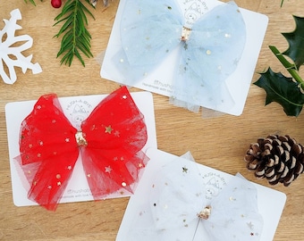 Christmas Bow, Christmas Star Bow, Girls Hair Bows, Tulle Bow, Baby Hair Bows, Party Bow, Sparkly Bow, Net Bows, Toddler Hair Bows, Big Bows