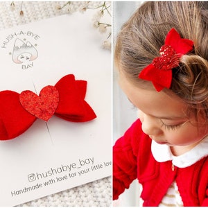 Noeud pour cheveux roux, mini barrette à cheveux, barrette coeur rouge à paillettes, cheveux pour la Saint-Valentin, Noeud en feutre rouge, barrettes pour franges, noeud pour tout-petit, barrettes pour bébé