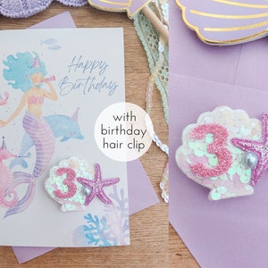 Cartão de aniversário da sereia, cartão de aniversário do grampo de cabelo, cartão de aniversário das meninas, cartão de aniversário do número, cartão de aniversário da idade, grampo de cabelo do aniversário