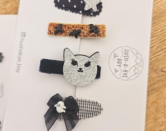 Halloween Hair Clip Set (4pcs): Girls Hair Accessories with Silver Cat, Spider, Ghost, Bat and Star Designs