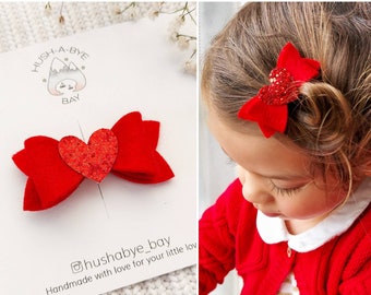 Red Hair Bow, Mini Bow Hair Clip, Red Glitter Heart Hair Clip, Valentines Hair, Red Felt Bow, Fringe Clips, Toddler Bow, Baby Hair Clips