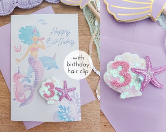 Mermaid Birthday Card, Hair Clip Birthday Card, Girls Birthday Card, Number Birthday Card, Age Birthday Card, Birthday Hair Clip