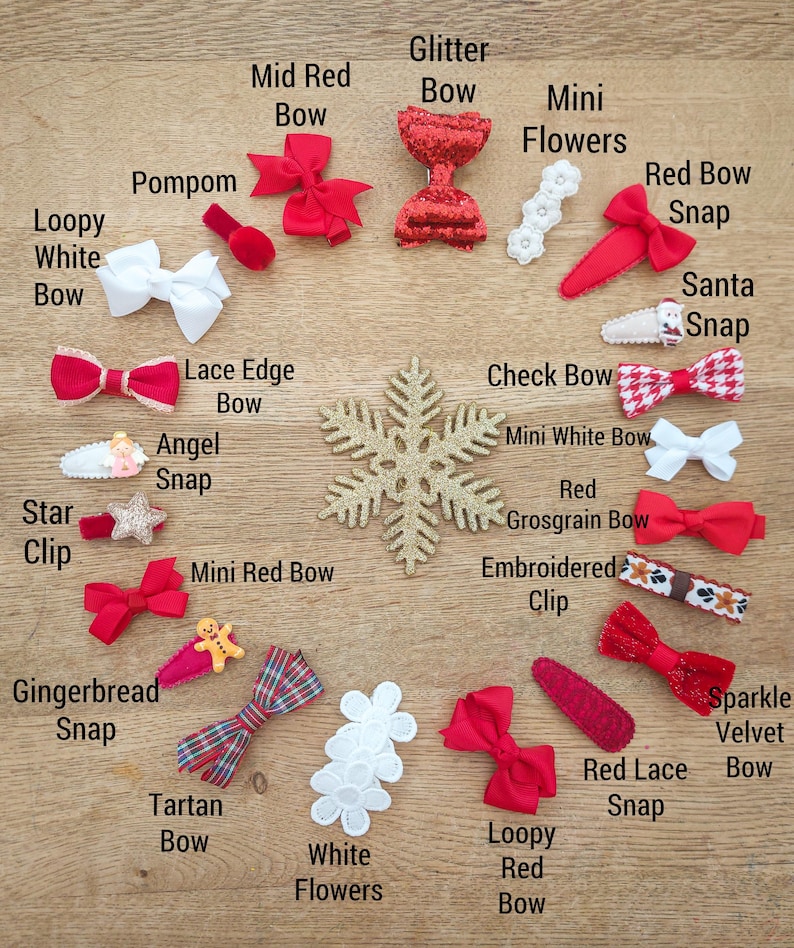 May include: Assortment of Christmas-themed hair bows and clips.  Includes red, white, and tartan bows, glitter bows, mini white bows, a red grosgrain bow, a star clip, a gingerbread snap, a lace edge bow, an angel snap, a red bow snap, a Santa snap, a sparkle velvet bow, a loopy red bow, and white flowers.