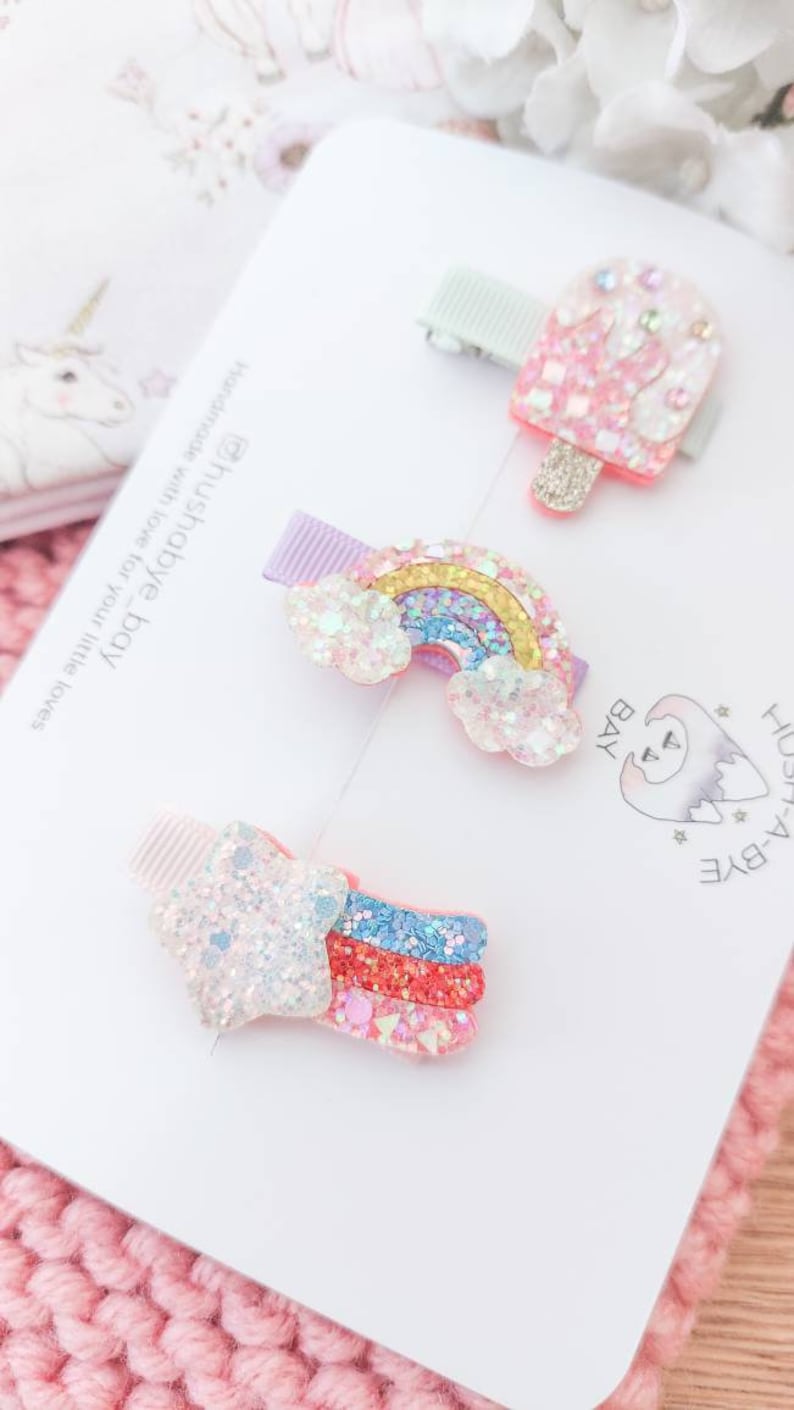 Regenboog haar clip, ijs haar clip, ster haar clip, meisjes haar clips, peuter haar clips, glitter Barrette, baby haar clips, sprankelende clip afbeelding 5