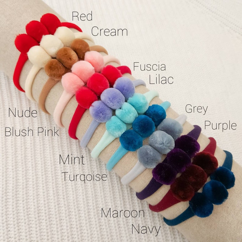 Pompom Baby Stirnband, Kleinkind Stirnband, Neugeborenen Stirnband, Pom Pom Haarband Farbe wählen, Winter Baby Stirnband, weiches Nylon Stirnband Bild 7