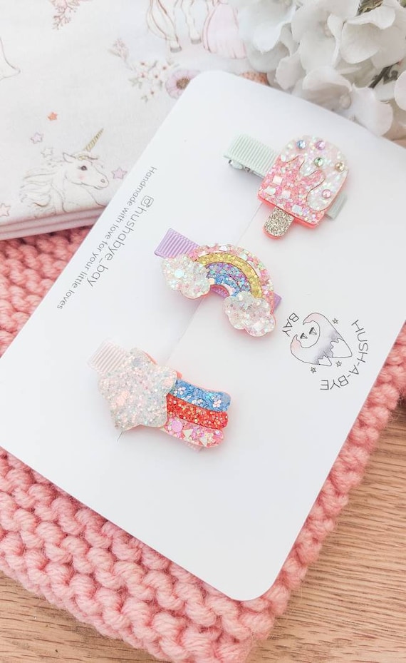 12 Stück Mädchen Haarspangen Set - Einhorn, Glitzer, Cartoon-Motive, Metall Mit Druckknopf