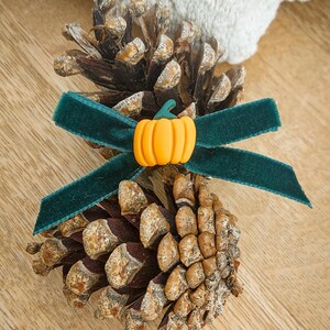 May include: Two pine cones are adorned with a dark green velvet ribbon tied in a bow. An orange pumpkin charm is centered on the bow. The pine cones are on a wooden surface, with a white knitted item in the background.