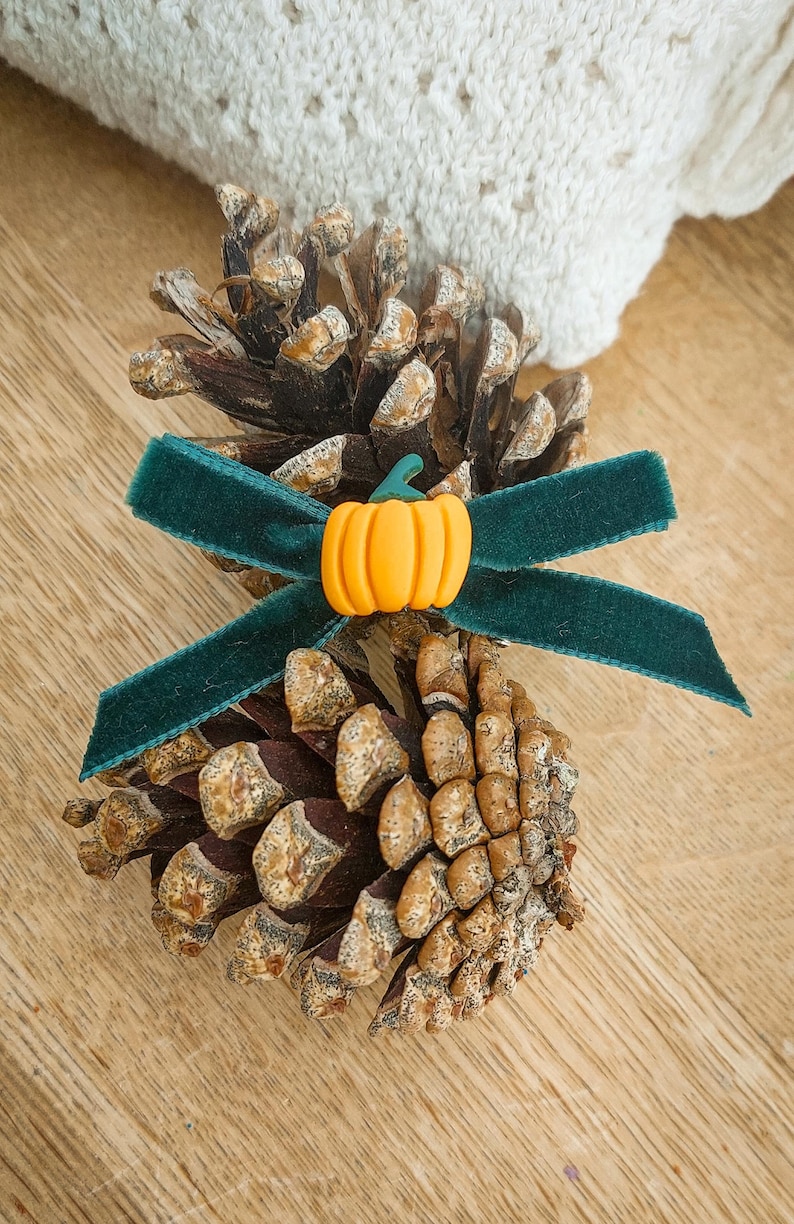 May include: Two pine cones are adorned with a dark green velvet ribbon tied in a bow. An orange pumpkin charm is centered on the bow. The pine cones are on a wooden surface, with a white knitted item in the background.