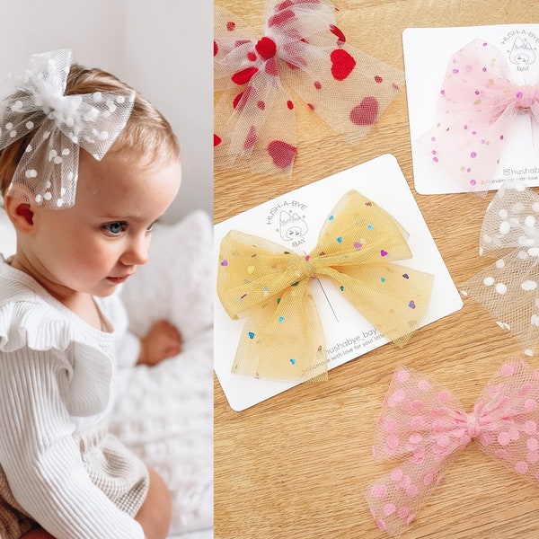 Girls Hair Bows, Tulle Bow, Baby Hair Bows, Party Bows, Sparkly Bow, Net Bows, Toddler Hair Bows, Christening Bows, Big Bows, Flower Girl