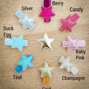 May include: Ten star-shaped hair clips in various colors and textures, including silver, teal, gold, berry, candy, baby pink, duck egg, and champagne. The clips are arranged on a wooden surface.