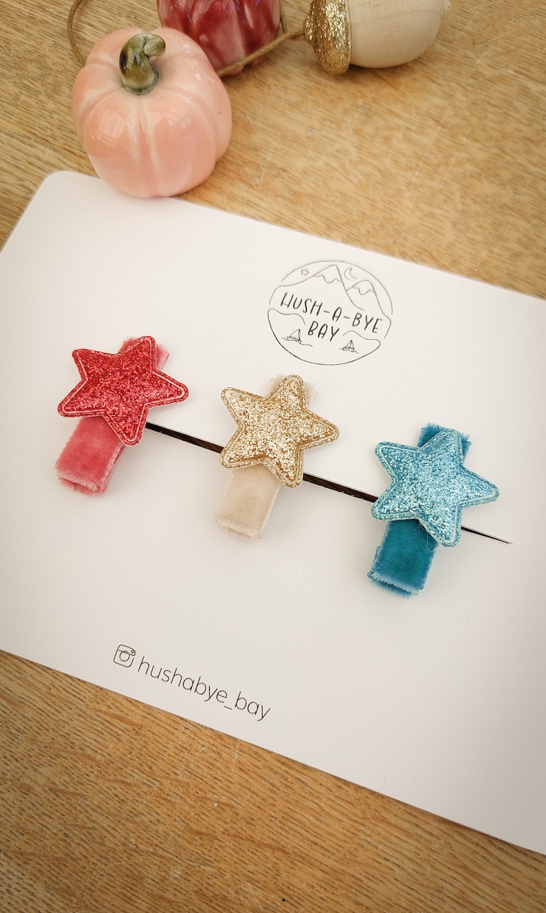 Star Hair Clips, Baby Hair Clips, Christmas Hair Clips, Velvet Hair Clips, Toddler Hair Clips, Star Fringe Clip, Glitter Clips, Fully Lined image 3