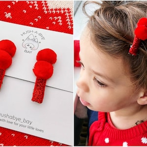 Christmas Hair Clips, Red Glitter, Fringe Clips, Pom Pom Hair Clip, Festive Hair Clips, Toddler Hair Clips, Baby Hair Clips -READY TO POST