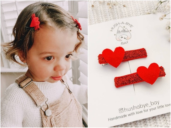 Valentines Hair Clips, Heart Hair Clips, Red Heart Pigtail Clips