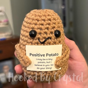 May include: A crocheted potato toy holding a sign that reads "Positive Potato I may be a tiny potato, but I believe in you. Go do your thing!"