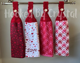 Valentine’s Day Hanging Dishtowels - Hearts Hanging Dishtowel - Red Hanging Dishtowel - Hanging Dishtowel - Holiday Hanging Dishtowel