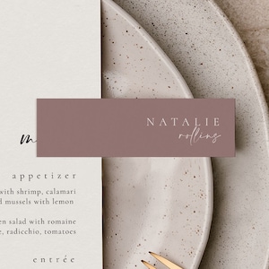 Dusty Rose bruiloft plaatskaartsjabloon, paarse naamkaart mauve, slank bruiloft naamplaatje, kleine receptie plaatskaartje voor menukoppeling - Celine