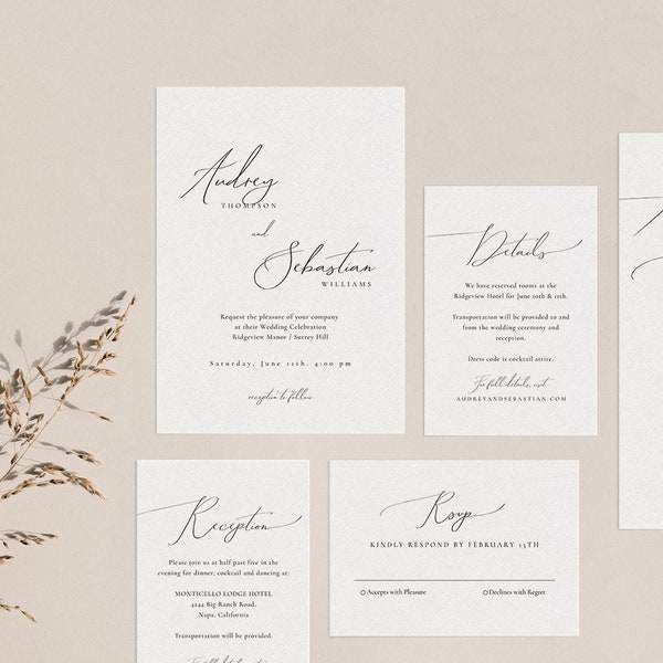 Elegant Wedding Invitation Suite Template, Calligraphy Wedding Invitation Set, Printable Wedding Suite Template Instant Download - Audrey