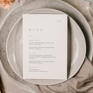 Modello di menu per matrimonio moderno, menu monogramma matrimonio, menu logo matrimonio, menu con iniziali modificabili, modello di ricevimento con cartello menu - Claire
