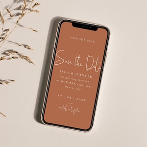 Terracotta Wedding Save the Date Evite Template, Virtual Burnt Orange Save the Date, Mobile Save the Date in Rust Terracotta E-Card - Isla