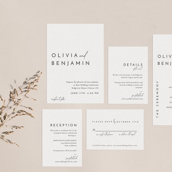 Minimal Wedding Invitation Suite Template, Printable Minimalist Wedding Invitation Set, Editable Wedding Template Instant Download - Liv