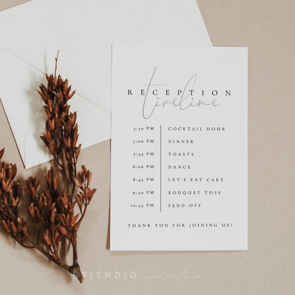 Reception Timeline Card Template, Wedding Agenda Card, Wedding Reception Program Card, Printable Wedding Timeline, Wedding Printables - Isla