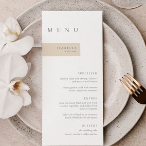 Bruiloftsmenu met plaatskaartsjabloon, menu met naamplaatje in neutraal, gepersonaliseerd menu voor repetitiediner - Sophia Sienna Claire