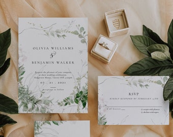 May include: Wedding invitation suite with a leafy green and white floral design. The invitation includes the names Olivia Williams and Benjamin Walker, the date 07-21-2021, and the details of the wedding ceremony and reception. The RSVP card includes a request to respond by February 1st.