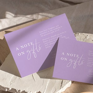 Plantilla elegante de tarjeta con nota sobre obsequios para bodas, inserto de obsequios para invitaciones de boda imprimible, lista de obsequios para bodas en color lila con código QR - Chloe Bright