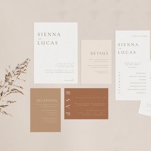 Minimalistische Hochzeitseinladungs-Suite, druckbares Bohemain-Hochzeitseinladungsset, Rostgold-Hochzeitseinladungsvorlage herunterladen Sienna Bild 1