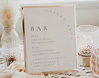 Minimalist Wedding Bar Menu Template: Cocktails, Wine and Beer Sign (Digital Download) - Sophia