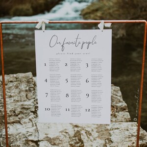 May include: A white wedding seating chart with the text "Our favorite people, please find your seat!" printed on it. The chart is displayed on a copper stand in front of a rocky stream.