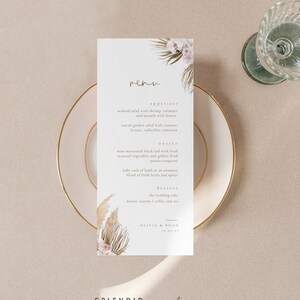 Modello di menu per matrimonio floreale con erba della pampa, menu moderno, modello di menu per matrimonio boho da scaricare, menu per matrimonio boho con foglie di palma fai da te - Ava