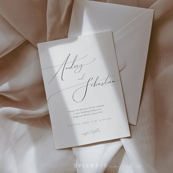 Printable Wedding Invitation, DIY Wedding Invitation Card Template, Fine Art Calligraphy Wedding, Modern Elegant Wedding Invitation - Audrey
