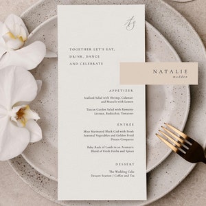 Bruiloft monogram menukaartsjabloon, trouwmenu met initialen, logo bruiloft menu, repetitiedinermenu, receptiemenu met logo - Audrey