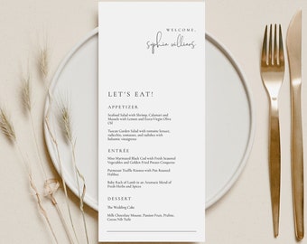 Moderne Hochzeitsmenü Vorlage mit Gast Name, Let&#39;s Eat Hochzeitsmenü, Willkommen zu unserer Hochzeitsmenü Vorlage - Olivia