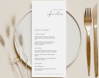 Modern Wedding Menu Template with Guest Name, Let's Eat Wedding Menu, Welcome to our Wedding Menu Template - Olivia