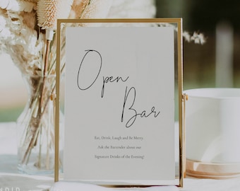 Minimal Open Bar Wedding Sign Template, Modern Off-White Wedding Open Bar Sign, Editable Minimalist Open Bar Table Sign for Wedding - Kyra