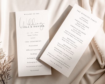 May include: Two white cards with black text. The first card is a wedding ceremony programme for Isla & Hunter. The second card lists the wedding party members and their roles.